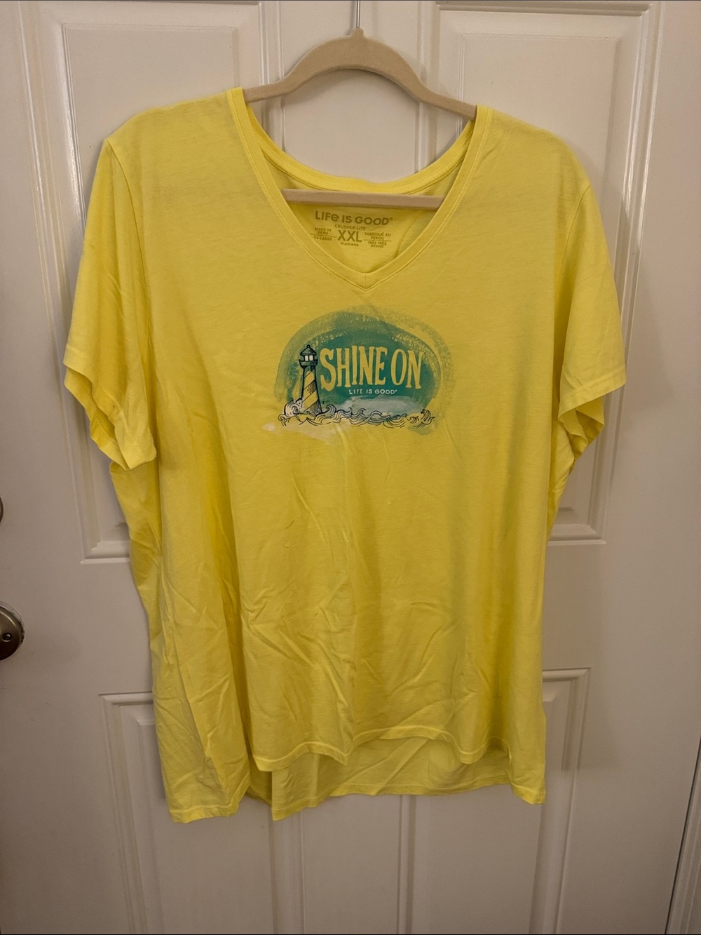 Life Is Good Yellow V-Neck Tee with Aqua Graphic